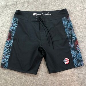 Travis Mathew Mens Board Shorts Large 34 Floral Palm Print Patch Black